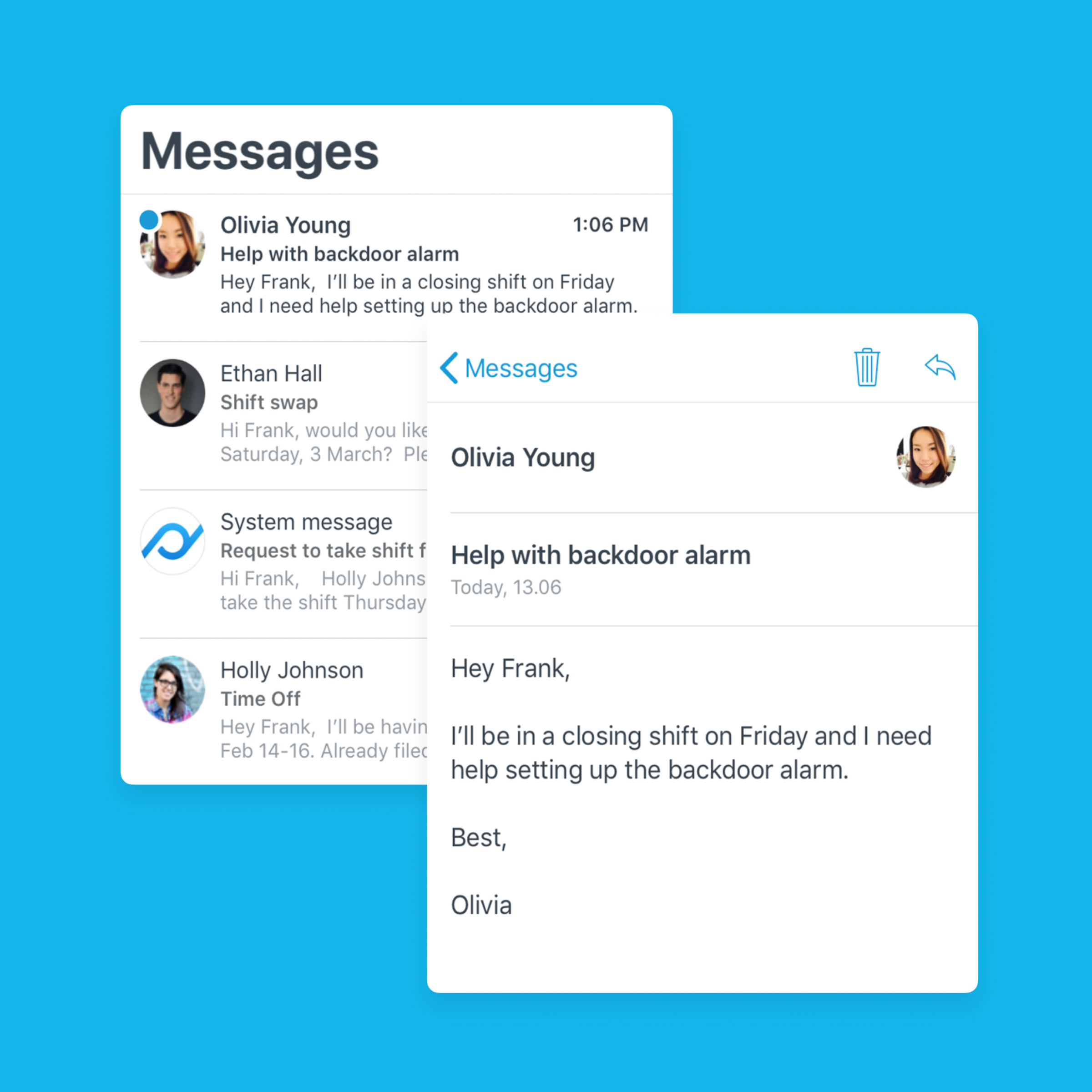 Messages on scheduling software system Planday between business employees.
